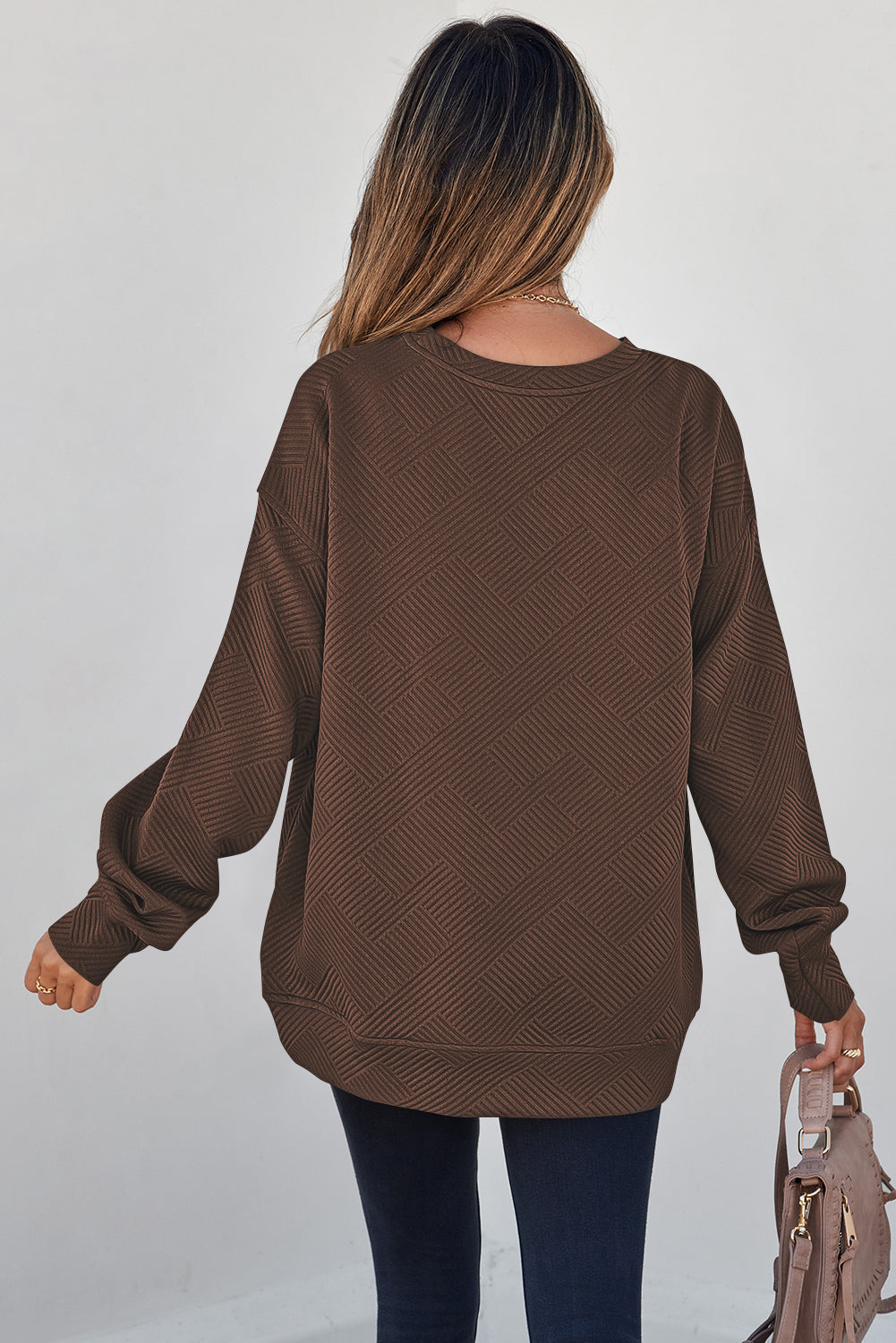 Parchment Solid Color Textured Round Neck Drop Shoulder Pullover Sweatshirt