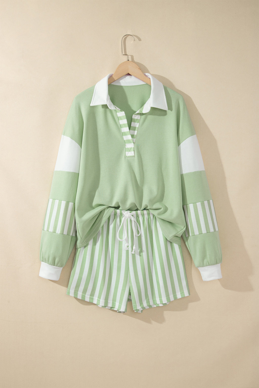 Smoke Green Striped Color Block Pullover Top Drawstring Shorts Set