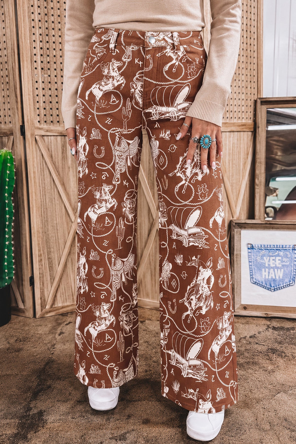 Brown Western Print Casual Shift Jeans