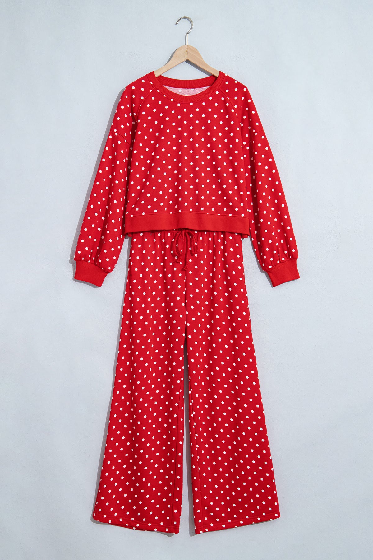 Brown Polka Dot Drawstring Wide Leg Long Sleeve Top Pant Set