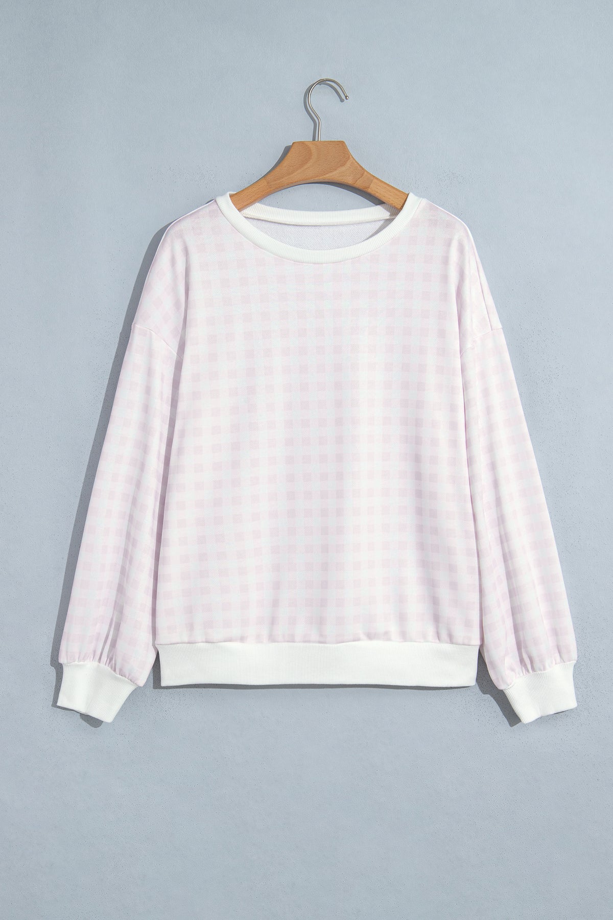 Light Blue Plaid Round Neck Long Sleeve Sweatshirt