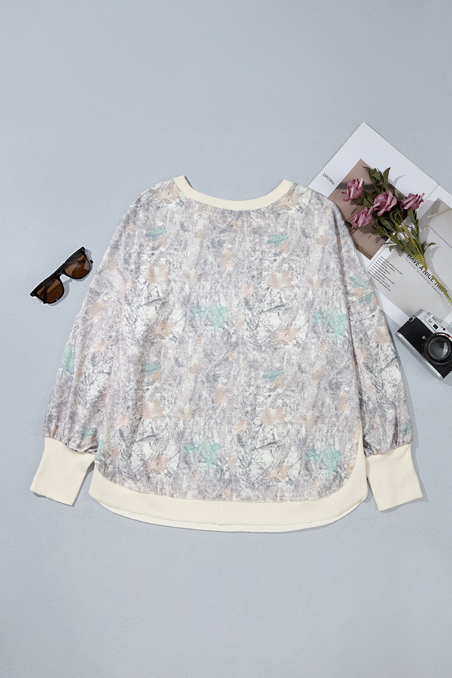 Khaki Camouflage Print Round Neck Long Sleeve Shift Plus Size Sweatshirt