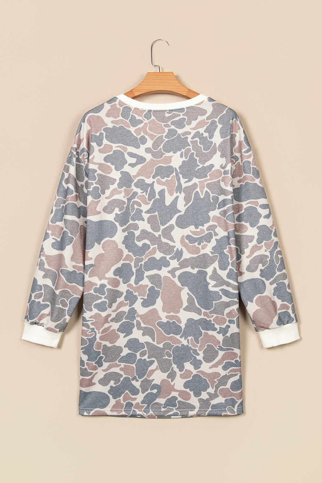 Beige Botanical Camo Print Long Sleeve Pocket Mini Dress