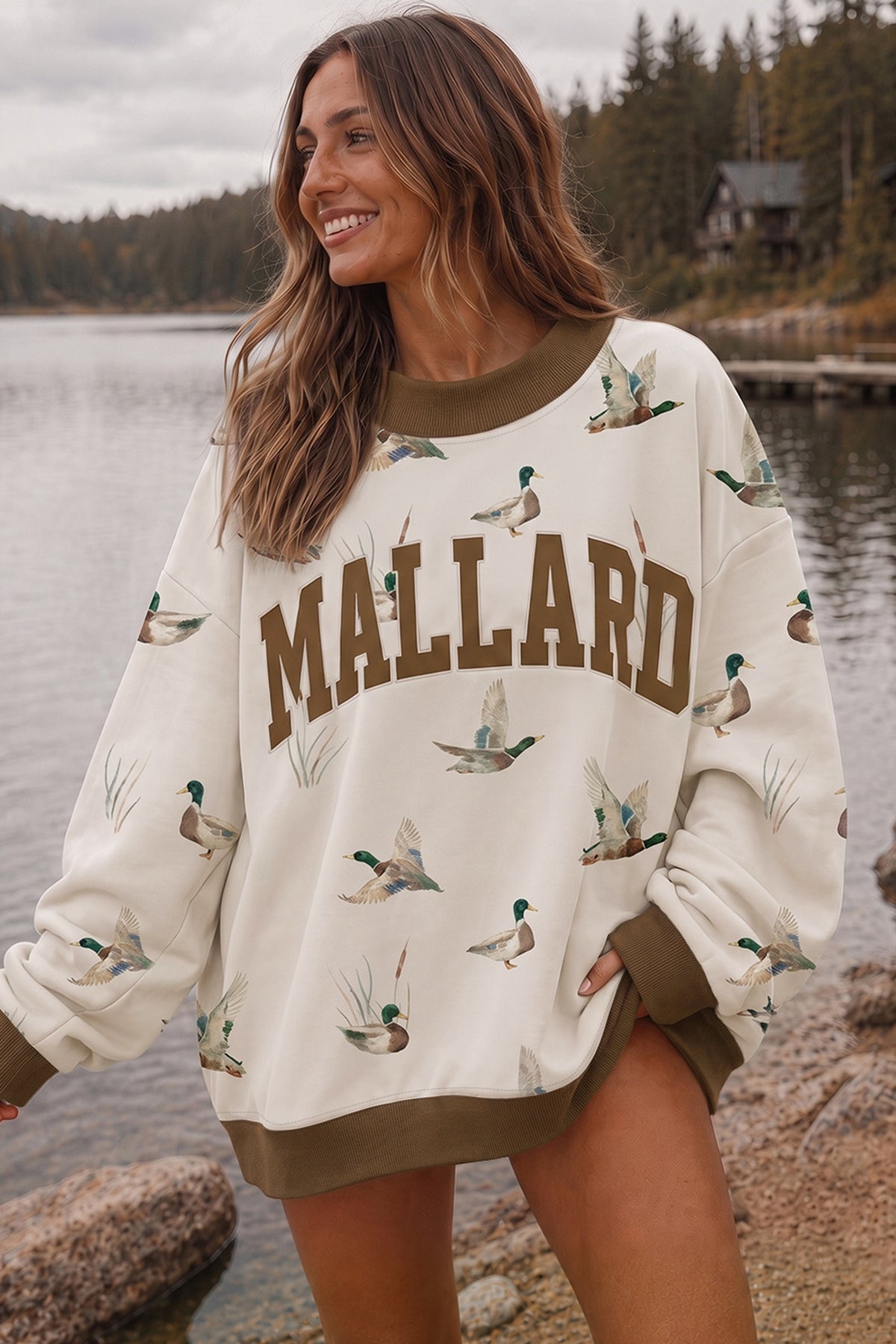 Beige Western Mallard Letter Print Baggy Pullover Sweatshirt