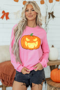 Pink Embroidered Pumpkin Face Long Sleeve Round Neck Sweatshirt