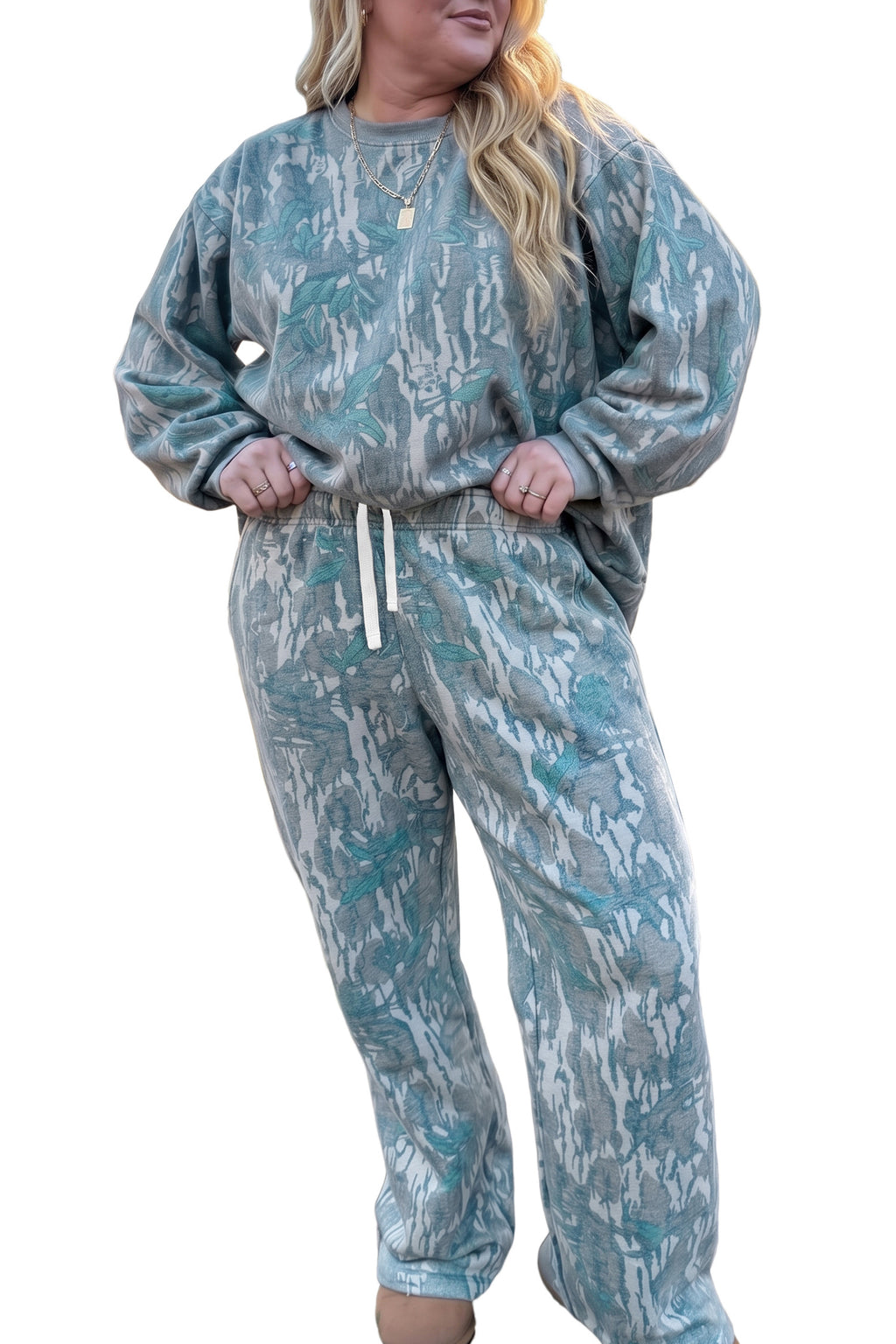 Multicolour Abstract Botanical Print Plus Size Pullover Drawstring Pants Set