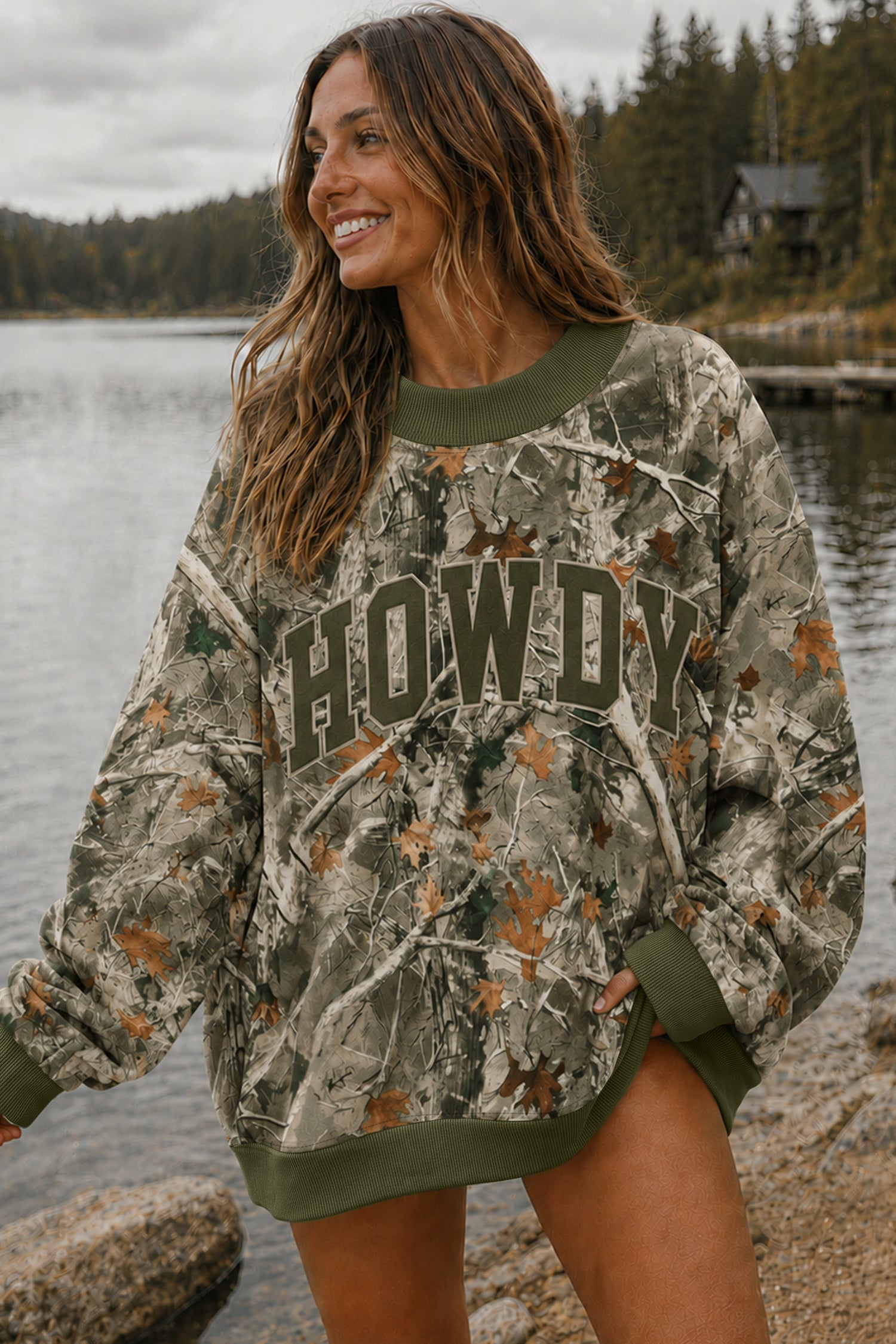 Beige Western Mallard Letter Print Baggy Pullover Sweatshirt