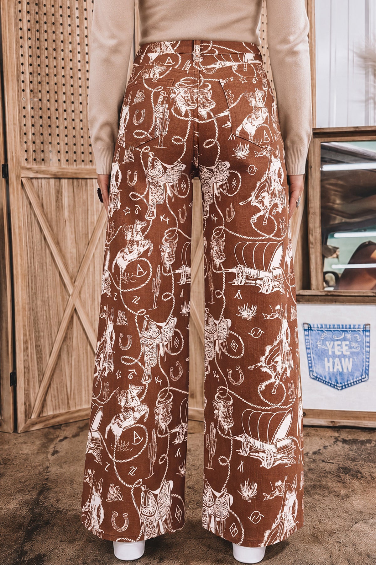 Brown Western Print Casual Shift Jeans
