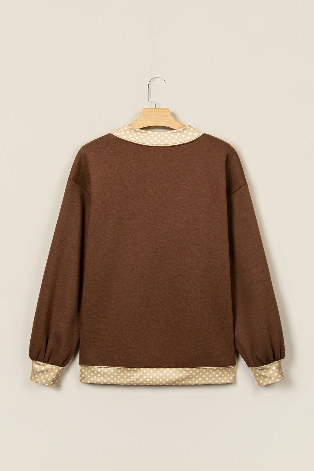 Coffee Polka Dot Trim High Neck BLESSED Letter Graphic Baggy Sweatshirt