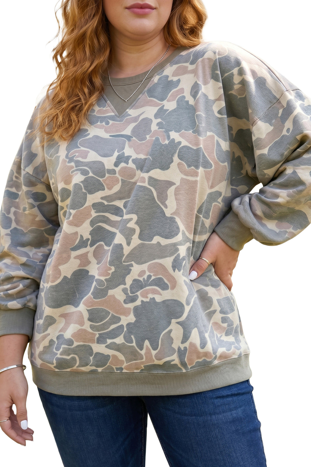 Multicolour Camouflage Print Shift Silhouette Long Sleeve Plus Size Sweatshirt