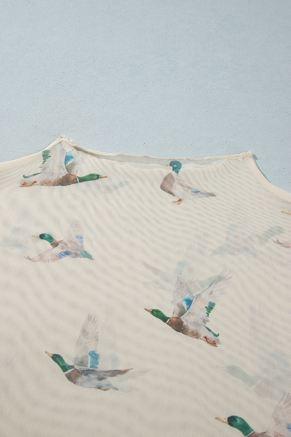 Beige Mesh Duck Print Tunic Long Sleeve Plus Size Blouse