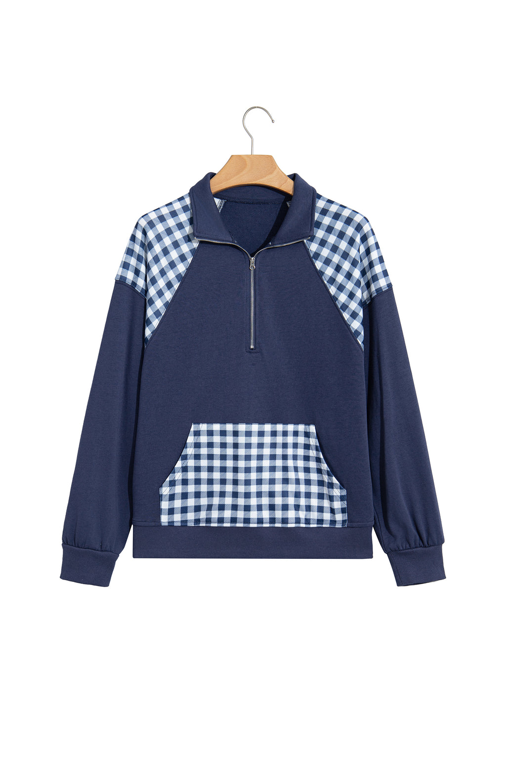 Racing Red Patchwork Plaid Pocket Quarter Zip Sweatshirt